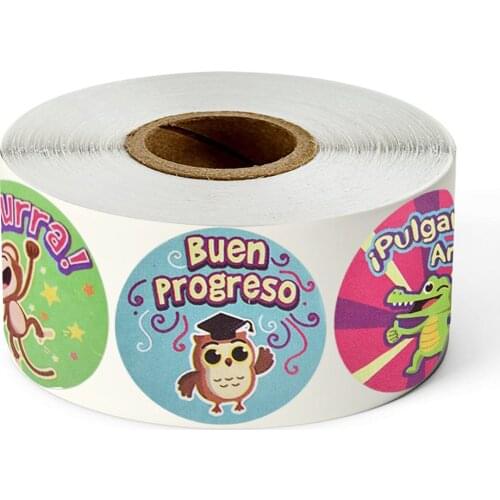 Cartoon Animals Stickers 1 inch Spanish Reward Sticker for Kids 500pcs/roll 8 Designs Motivational Cute Stickers