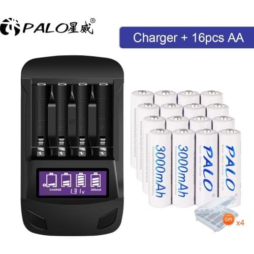 PALO Original AA battery rechargeable 4-16 pcs AA rechargeable battery 1.2V nimh+LCD USB AA AAA battery charger