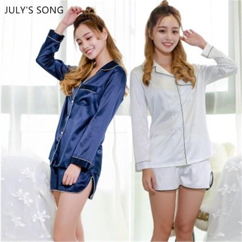 JULYS SONG Woman Faux Silk Pajamas Set Long Sleeve Shorts 2 Pieces Satin Spring Autumn Sleepwear Solid Color Casual Simple Suit