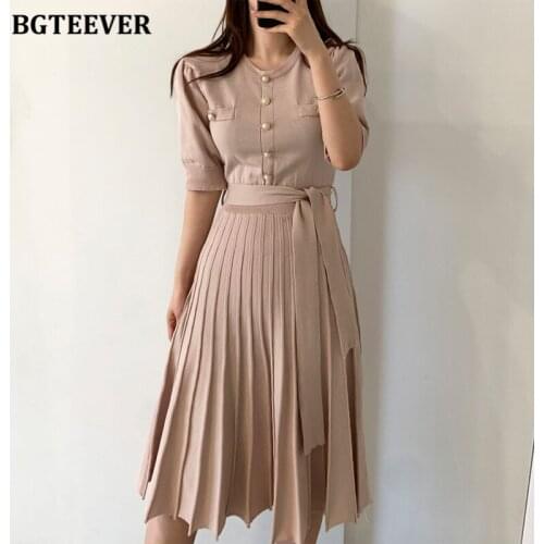 BGTEEVER New Autumn Short Sleeve Female Knitted Dress O-neck Slim Waisted Buttons Lace-up Women A-line Sweater Dress 2021