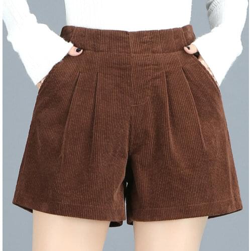 Fall Spring Casual Women Black Brown Wide Leg Pleated Corduroy Shorts , 2018 Fashion Winter Autumn Female Woman 3xl 4xl Shorts