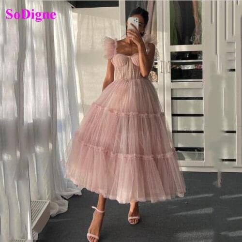 SoDigne Blush Pink A Line Short Prom Dresses Tierd Ruffled Tull Princess Tea Length Homecoming Dress Wedding Party Gown