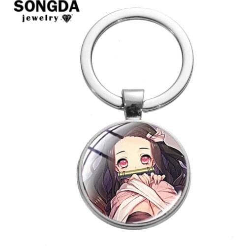 SONGDA Demon Slayer Keychain Kamado Tanjirou Nezuko Agatsuma Zenitsu Hashibira Inosuke Glass Dome Art Key Ring Anime Accessories