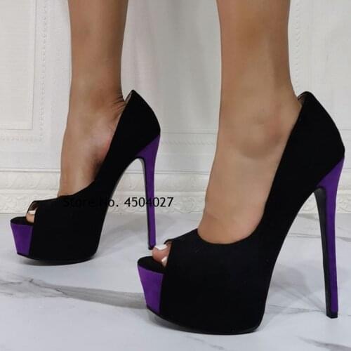 Women Sexy High Heels Black Peep Toe Stiletto Heel Suede Platform Dress Party Ladies Shoes Woman
