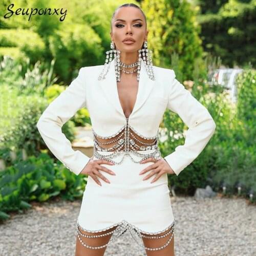 High Quality 2021 Autumn Elegant WomenS V-Neck Short Slim Fit Set Sexy Draped Diamond Chain Coat + Skirt Party 2 Two-Piece Set