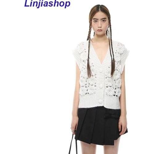 High quality women fashion knitted cardigan sweater vest clothes sleeveless v-neck Single breasted Hollowed out flower elastic