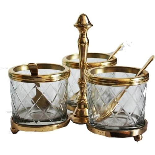 Handmade Gold Brass with Glass Three-Grid Seasoning Jar Seasoning Bottle High-End Luxury Restaurant cereal dispenser glass jars