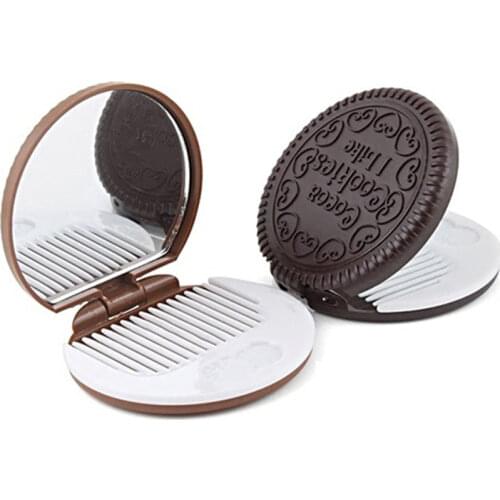 1Pcs Cookie Shaped Chocolate Mini Makeup Mirror Compact Pocket Mirror Portable Folding Cosmetic Mirror With 1Pc Comb Women Gifts