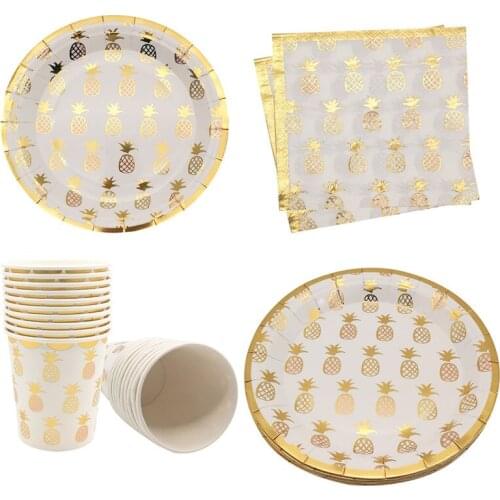 10Pcs Pattern Gold Pineapple Paper Plates Cups Napkin Disposable Tableware Kids Happy Birthday Wedding Decoration For Home Party