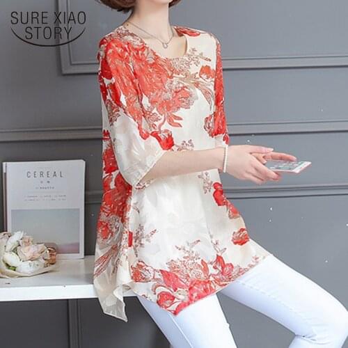 2021 New Summer Print Short Sleeved Womens Chiffon Large Size T-shirt Female Unlined Upper Garment Casual T-shirt 611E 30