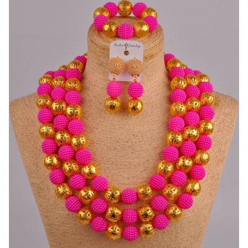 24 inches fuchsia pink african wedding beads necklace set simulated pearl nigerian jewelry set FZZ67