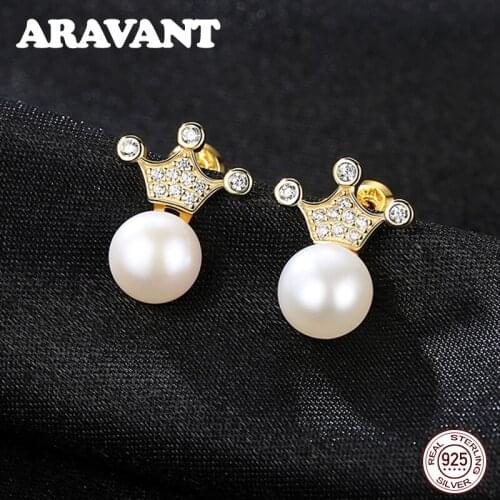 925 Sliver Jewelry Crown Earrings Made With Clear CZ Stones Elegant Pearl Stud Earrings Fashion Jewelry Wedding Earrings