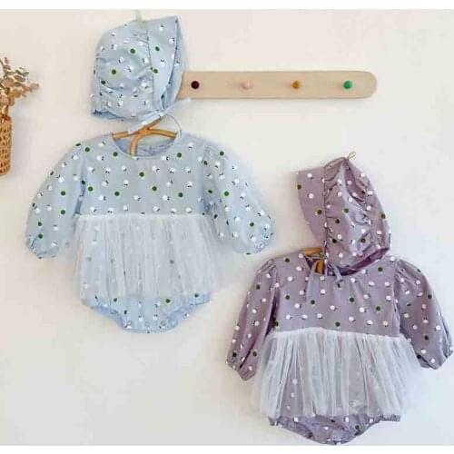 Baby Girls Bodysuit Floral Printed Long Sleeve Jumpsuit Mesh Skirts Autumn Baby Girl Clothes With Hat