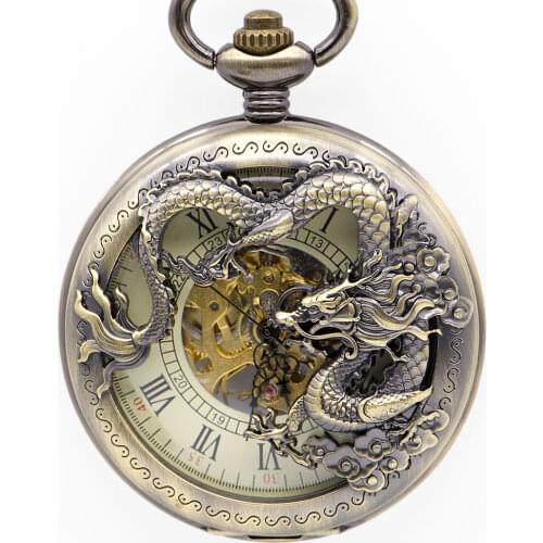 Best Sales Bronze Dragon Roman Hollow Case Mechanical Pocket Watches With Unisex Fob Chain Watch for Men Women PJX1346