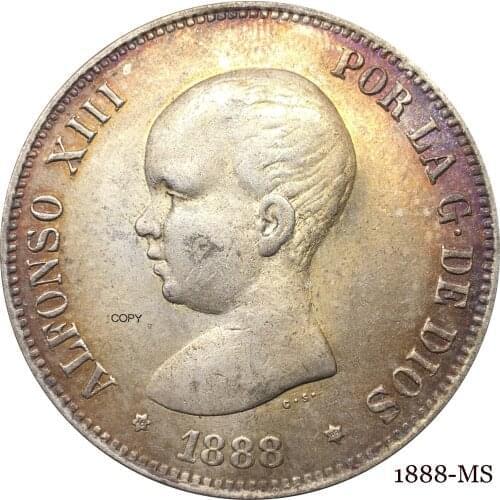 Spain 1888 MS 5 Pesetas Alfonso XIII 1st portrait The crowned Spanish Coat Of Arms With Pillars Silver Plated Copy Coin