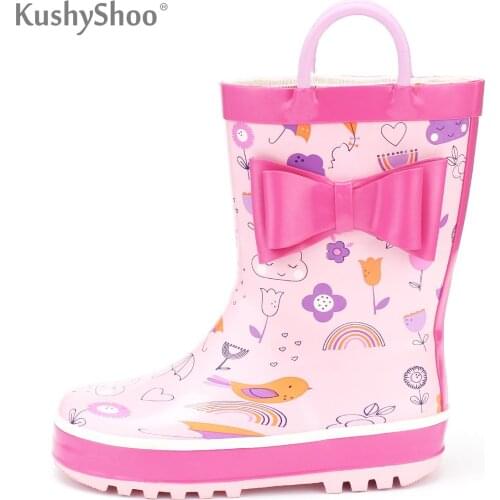 KushyShoo Childrens Rubber Boots Waterproof Rubber Cartoon Printing with Handles Rain Boots Kids Boots Girls Kalosze Dla Dzieci