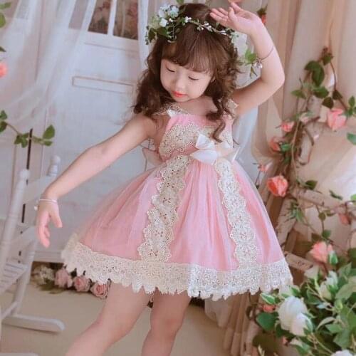 Summer Spanish Lolita Pink Lace Bow Princess Sleeveless Ball Gown Dress For Baby Girls Birthday Party Easter Wedding Turkey 0-7Y