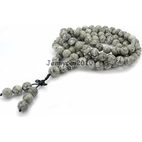 Natural Landscape 10mm Gems Stone Buddhist 108 Beads Prayer Mala Long Necklace Multi-Purpose 5Strands/Pack