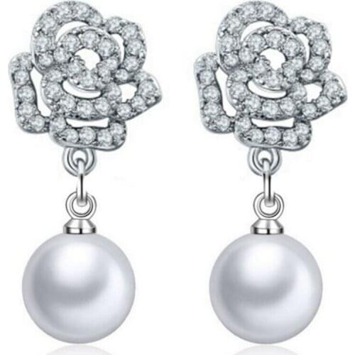 New Arrival!! 925 Sterling Silver Earrings With Shinning Rose And Big Pearl Earrings brincos For Women