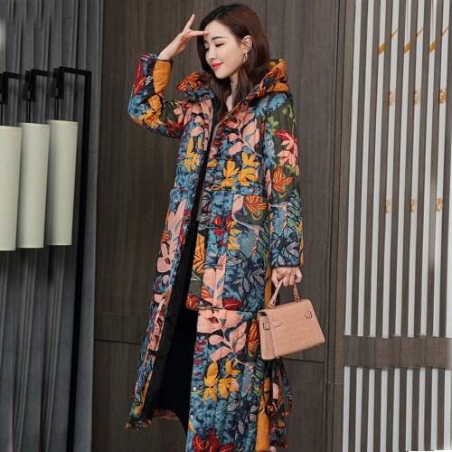Parka winter padded women 2020 new over knee thickened large Korean slim down padded jacket printed cold 905