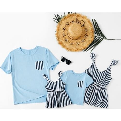 PatPat New Stripe Series Family Matching Tops(V-neck Sling Tops for Mom and Girl ; Blue T-shirts for Dad and Boy)