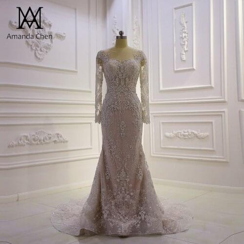 Abito da sposa Long Sleeve Lace Applique Beaded Champagne mermaid Wedding Dress