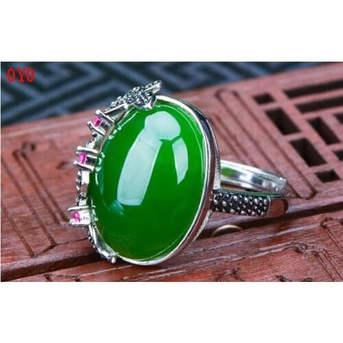 S925 silver inlaid flower ring retro fashion adjustable female jade ring