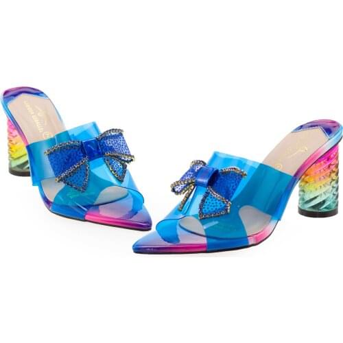 Bowknot Rhinestone Jelly Sandals 927-7 Clear Women Mules Sandals High Heels Transparent PVC Fancy Ladies Shoes Slippers Heels