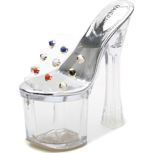 SDTRFT Luxurious stilettos Crossdresser Pearl Rivet Sandals 18cm thick heels flip flop transparent platforms shoes woman pumps