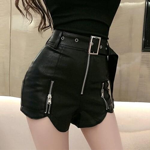 Zippers Sexy Pu Leather Shorts Women Streetwear Gothic Jeans Mini High Waist Lace Up Casual Zip Black Goth Club Fashion
