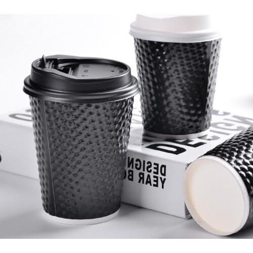 50pcs High quality thickened black 12 ounce disposable coffee cup hot drink packaging takeaway milk tea soy paper cup with lids