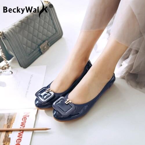 PU Patent Leather Women Flats Shoes Woman Loafers Spring Autumn Round Toe Foldable Ballet Flats Ladies Shoes Large Size 34-43