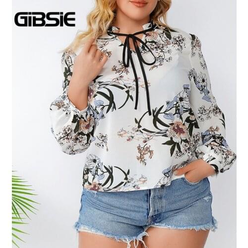 GIBSIE Tie Neck Floral Print Chiffon Long Sleeve Tops Blouses Women Spring Summer Boho Casual Korean Blouse Plus Size xxxl 4xl