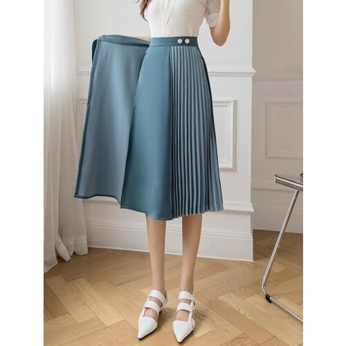 Chiffon One Piece Belt Pleated Midi Skirt Women Summer Korean Fashion Casual High Waist Skirt Harajuku Vintage Faldas Ropa Mujer