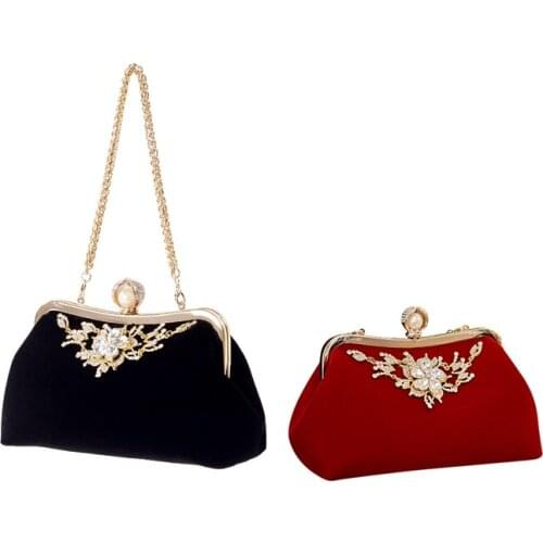 ASDS-2Pcs Female Diamond Pearl Handbag Vintage Crystal Flower Evening Bag Wedding Party Bride Clutch Bag Purse - Black & Red