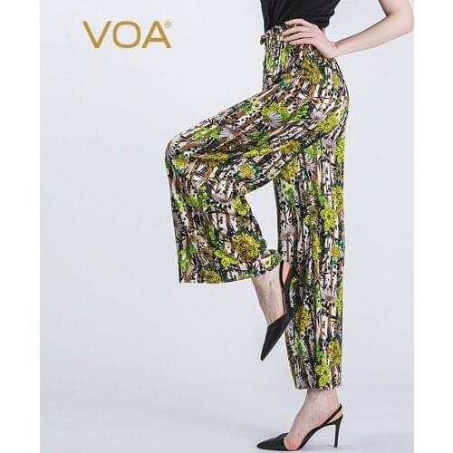 VOA Satin 16m/m Stretch Silk Lace Pleated Elastic Fashion Print Long Simple Wide Leg Pants K1372 Streetwear Women