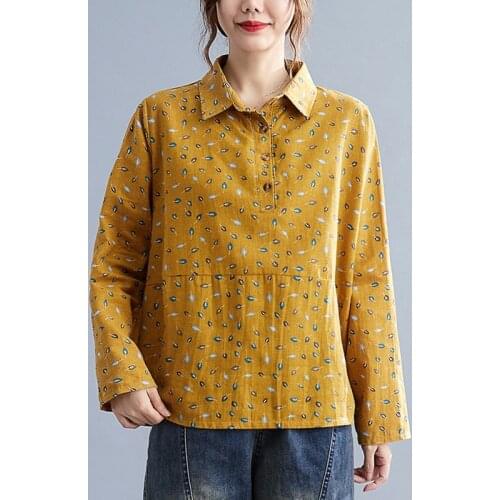Women Long Sleeve Casual Shirts New Arrival 2021 Autumn Simple Style Vintage Print Loose Cotton Linen Female Tops Shirt B978