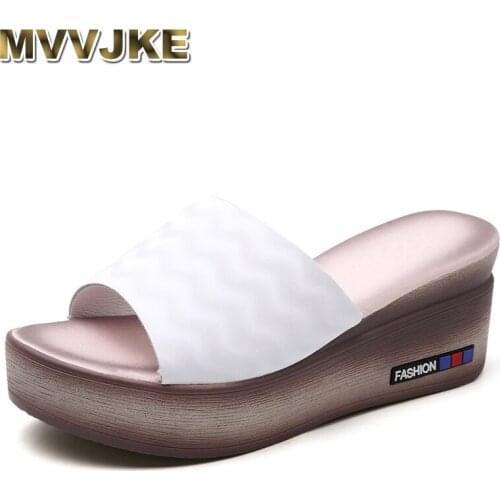 MVVJKE Mid Heel Platform Slipper Shoes for Women Summer Woman Leather Sandals Shoes Heel High 6.5 Ladies Slides Slipper Beach