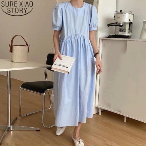 High Quality Robe 2021 New Casual Summer Vintage Lantern Sleeve Irregular Pleated Solid Women All Match Stylish Long Dress 14512
