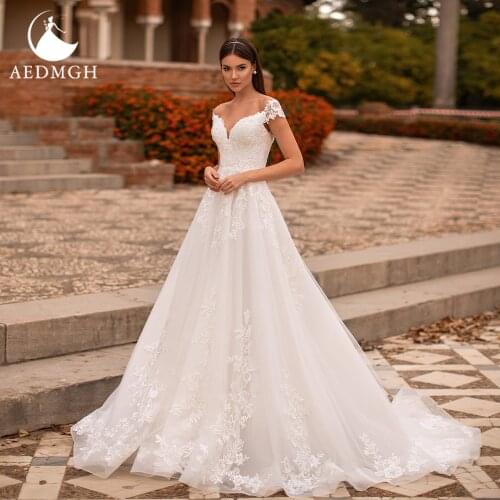 Aedmgh A-Line Wedding Dresses 2021 Sweetheart Cap Sleeve Vestido De Novia Delicate Appliques Court Train Princess Robe De Marige