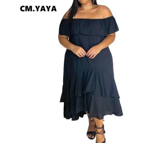 CM.YAYA Women Plus Size Dress Solid Short Sleeve Slash Neck Ruffles Loose Maxi Long Dresses Fashion Vestidos Summer Outfits 2021