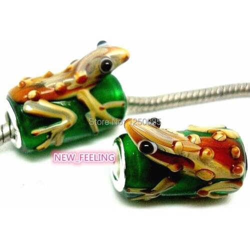 10PCS High Quality Green Color Gold Lizard Lampwork Glass Beads Silver plated fit European Charm Bracelet & Necklace