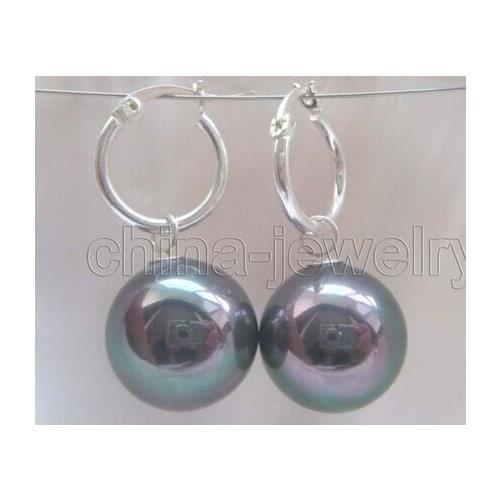 16mm bright black perfect round sea shell pearl earring - 925 silver>Lovely Fine Nobility Ladys Womens Earrings