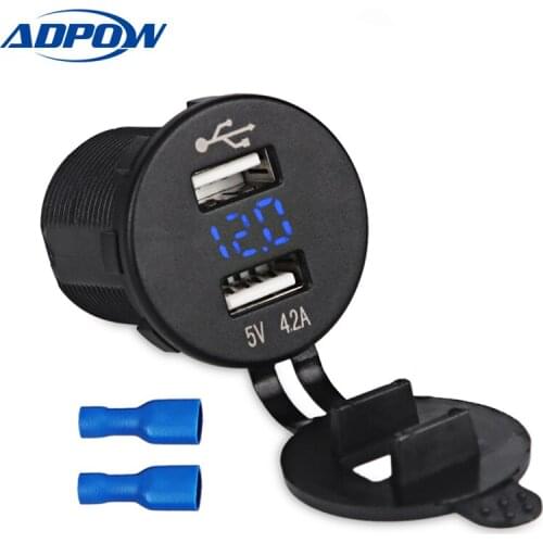ADPOW 12-24V 4.2A Dual USB for Motorcycle Auto Truck ATV Boat LED 4.2A Car Socket Cigarette Lighter Voltmeter Charger Adapter