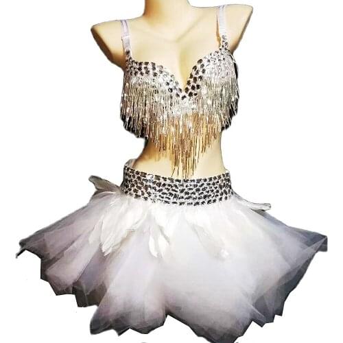 Sparkling Sequins Rhinestones Tassel Mesh Gauze Dress Two-Piece Suit Feathers Party Dress For Women Nightclub Dance Show Wear