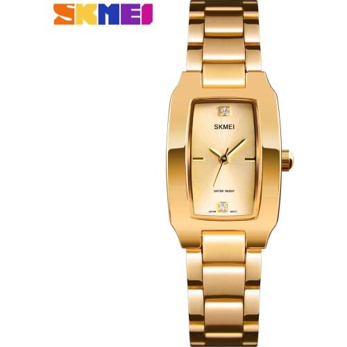 SKMEI Brand Luxury Women Watch Rectangle Dial Elegant Quartz Japanese Lady Wristwatches Golden Stainless Steel Bracelet Watches