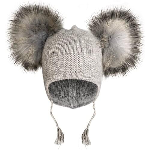 Baby Child PomPom Beanie Hats Cut Toddler Angora knitted hats raccoon fur ball beanie