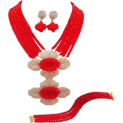 Graceful red crystal bead african wedding beads nigerian necklace costume jewelry set