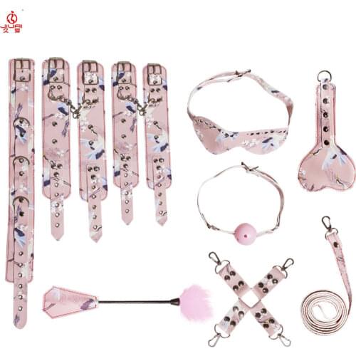 Jiuai Sex Products 9 Pcs Bondage Sets Ball Gag Collar Leash Sexy Blindfold Handcuffs Legcuffs PU Leather BDSM Toys For Woman