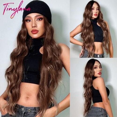 TINY LANA Ombre Black Dark Brown Super Long Deep Wave Synthetic Lace Front Wig Body Hair Wigs for Women Cosplay Party Daily Use